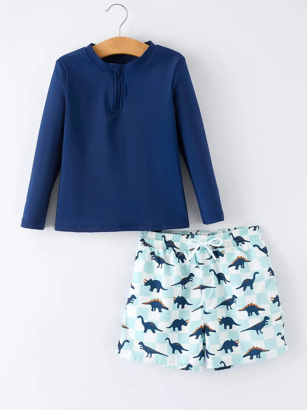 Dinosaur Plaid Boys Two Piece Swimsuit Long Sleeve