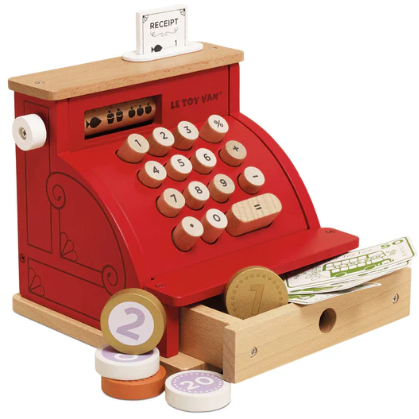 Retro Wooden Cash Register & Play Money Set Pretend Shop Toy