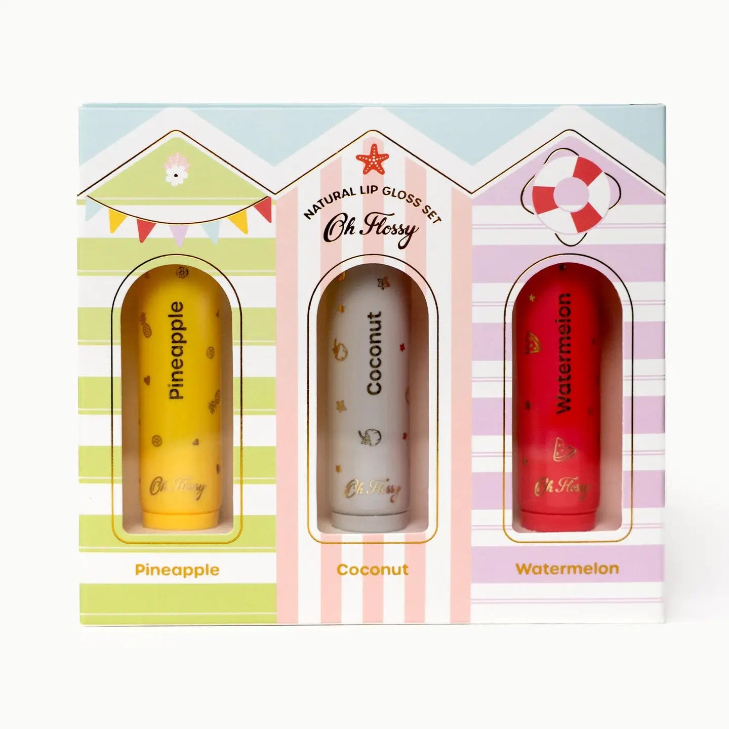 Oh Flossy Beach Club Natural Lip Gloss Set for Kids | Coconut, Watermelon & Pineapple
