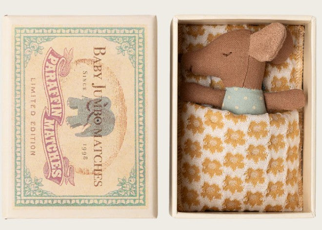 Maileg Sleepy Wakey Baby Mouse in Matchbox - Blue