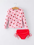 Summer Strawberry Print Girls Long Sleeve Swim Set
